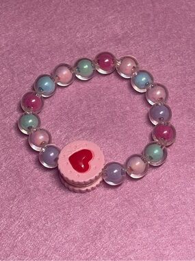 Handmade Pink Heart Charm Pastel Bead Stretch Bracelet